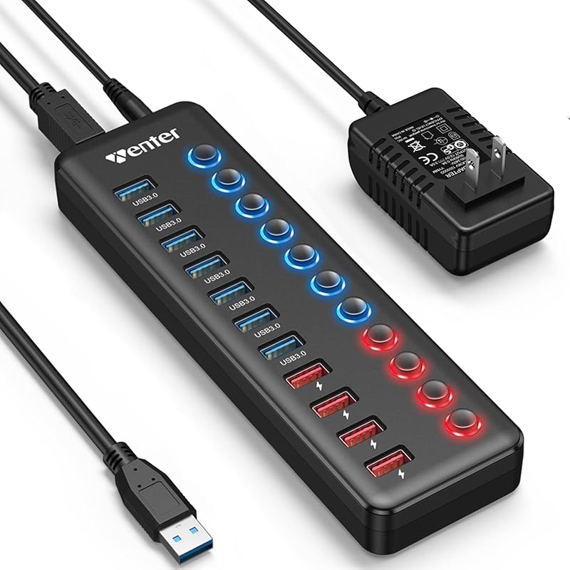 WENTER Splitter Individual Switches Charging (7 Faster Data Transfer Ports+ 4 Smart Charging Ports)
